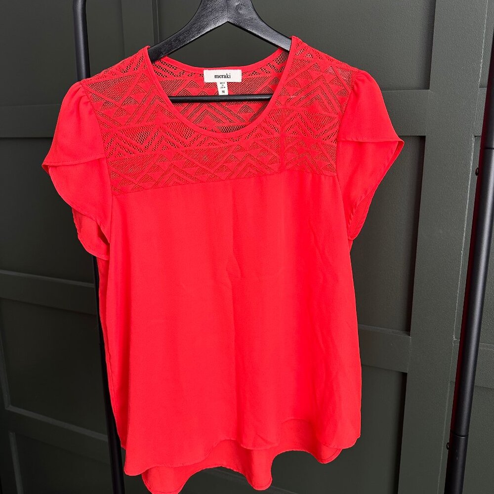 Deep Red Blouse with Cap sleeves and mesh upper